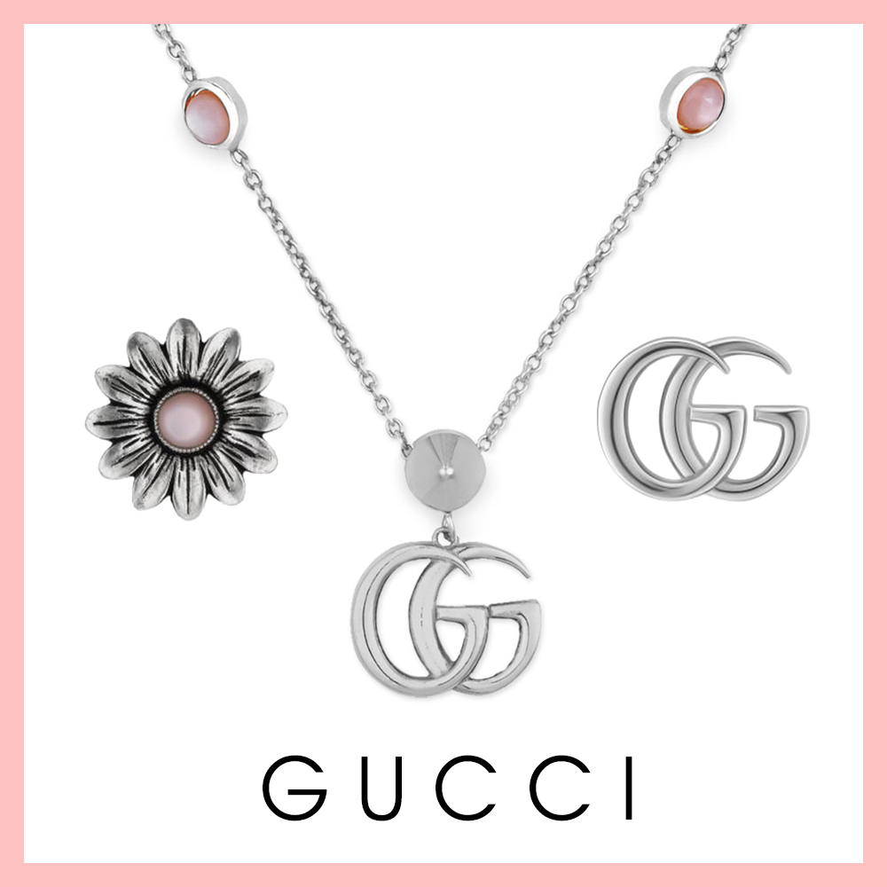 GUCCI 粉色芭比套組 花朵LOGO耳環 & 珍珠母貝鎖骨練