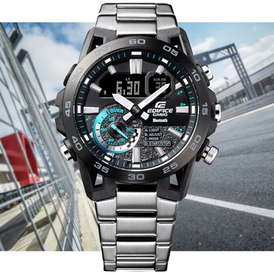 CASIO 卡西歐 EDIFICE 智慧藍芽碳纖維懸吊設計賽車造型雙顯錶 ECB-40DB-1A 防水100米