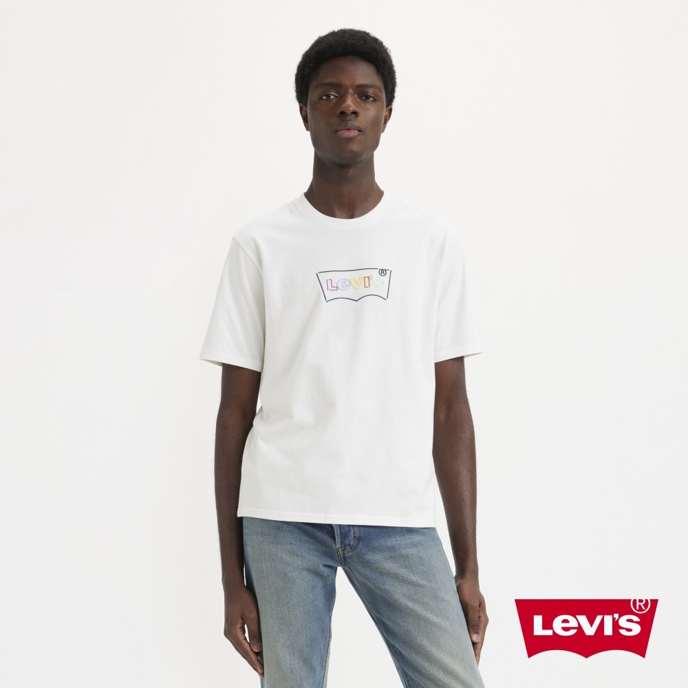 Levis 男款 短袖T恤 / 白色 / 彩色Logo霓虹燈線條 / 寬鬆休閒版型