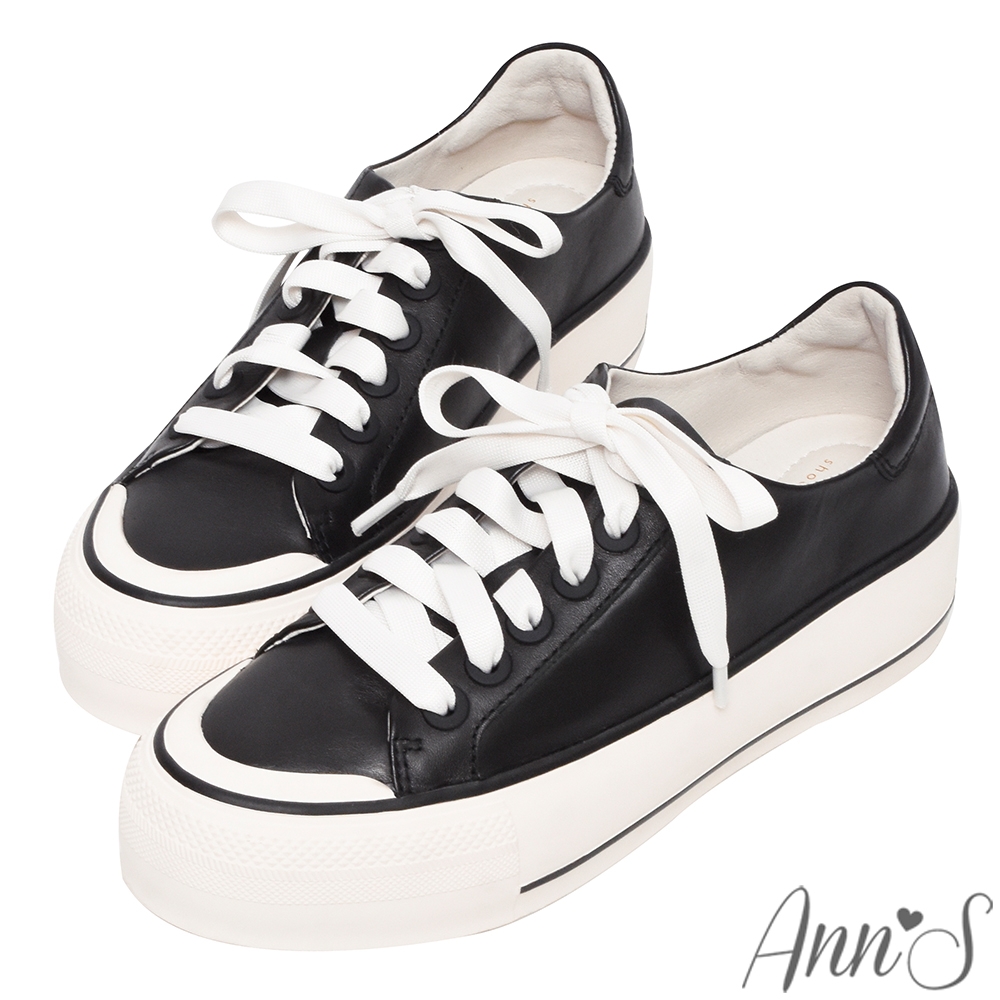 Ann’S活潑撞色黑邊-頂級水染牛皮寬鞋帶厚底休閒鞋4.5cm-黑