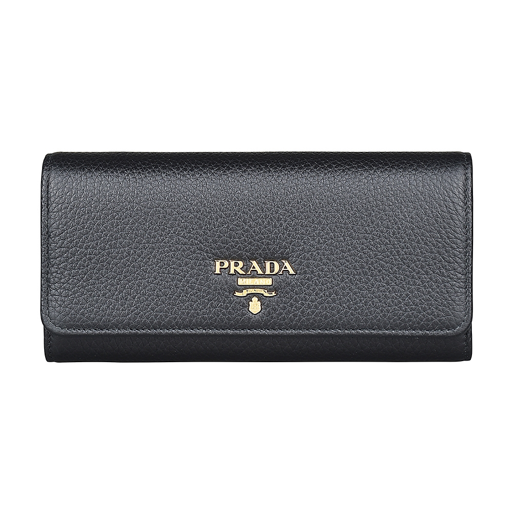 PRADA Vitello Grain金字LOGO荔枝紋牛皮10卡釦式長夾(黑/附卡夾)