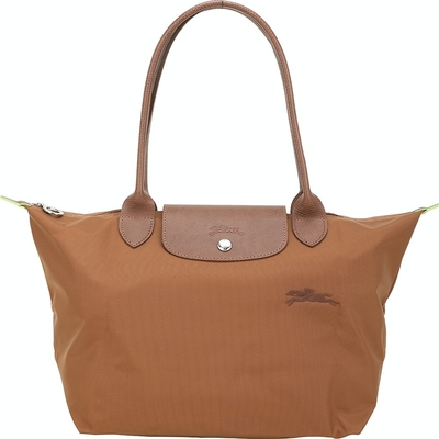 LONGCHAMP Le Pliage Green 奔馬刺繡長提把水餃包(M/白蘭地棕)