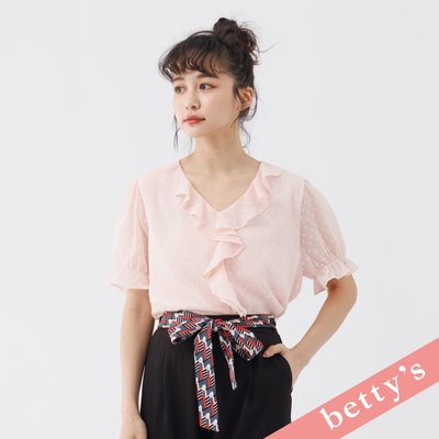 betty’s貝蒂思 透膚燒花點點V領荷葉邊上衣(粉色)