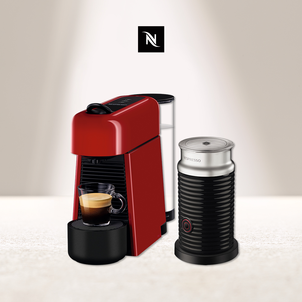 (領券再95折)Nespresso Essenza Plus 櫻桃紅 Aeroccino3奶泡機(三色) 組合