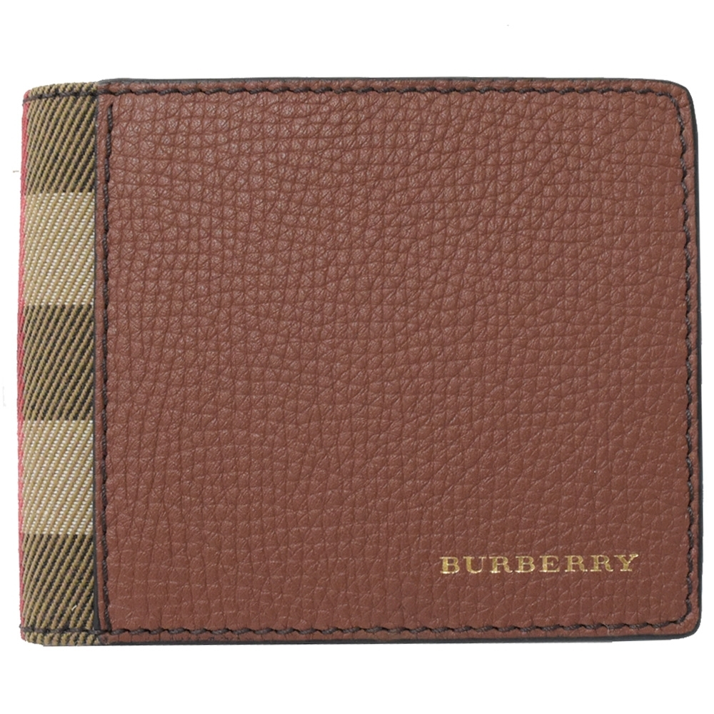 BURBERRY燙印LOGO棉麻牛皮拼接對開六卡短夾(咖)