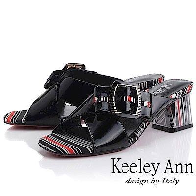 Keeley Ann造型透視跟 條紋撞色交叉中跟拖鞋(黑色-Ann系列)