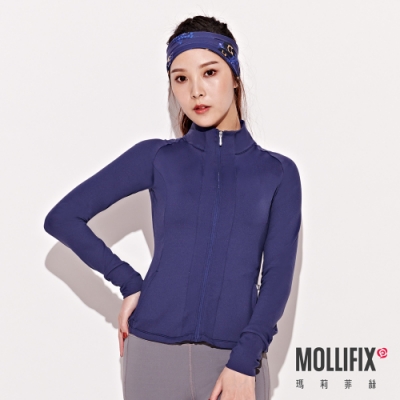 Mollifix 瑪莉菲絲 腰線拼接修身運動外套 (藏青)、瑜珈服、運動外套、瑜珈上衣、薄外套、暢貨出清