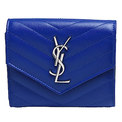 YSL MONOGRAM系列V字縫線魚子醬小牛皮金色金屬LOGO暗釦三摺短夾(寶藍色)