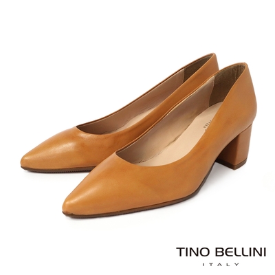 Tino Bellini 西班牙進口牛皮純色尖頭5.5CM粗跟鞋-棕