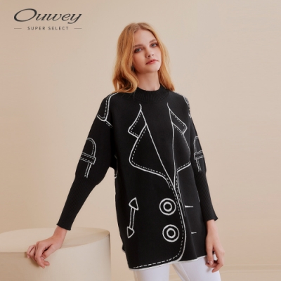 OUWEY歐薇 雙面緹花趣味手繪針織上衣(黑)