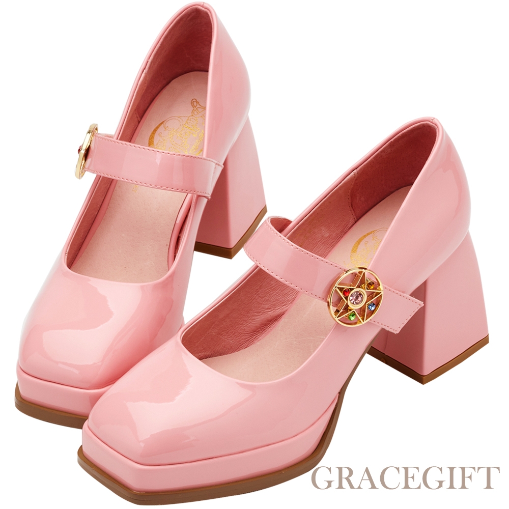 【Grace Gift】美少女戰士Crystal變身器防水台高跟瑪莉珍鞋 粉漆
