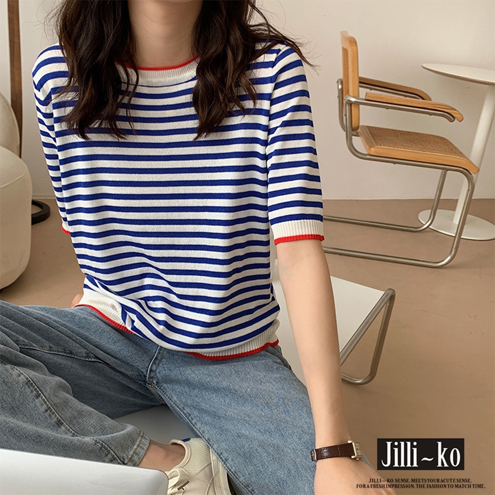 JILLI-KO 海軍藍條紋針織T恤- 藍色