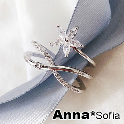 【3件5折】AnnaSofia 花綻波線美晶 層次開口戒指(銀系)