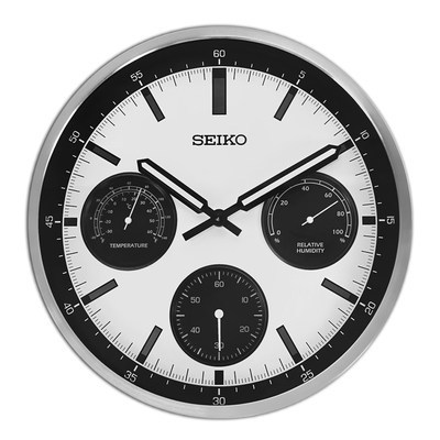 SEIKO 精工 / 33cm 熊貓錶造型 溫度溼度 滑動式秒針 餐廳客廳臥室 掛鐘 - 白黑x銀框 ＃QXA823S /SK048