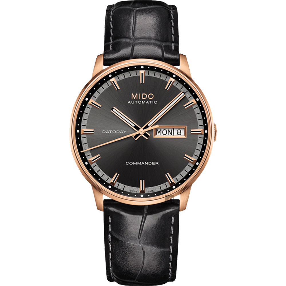 MIDO 美度 官方授權 Commander 香榭系列經典機械腕錶-黑x玫塊金框/40mm M0164303606180
