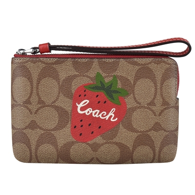 COACH PVC印花草莓圖騰LOGO拉鏈手拿包(卡其x紅)