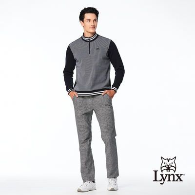 【Lynx Golf】男款日本進口布料彈性舒適保暖經典時尚千鳥紋路造型平口微窄管休閒長褲-灰色