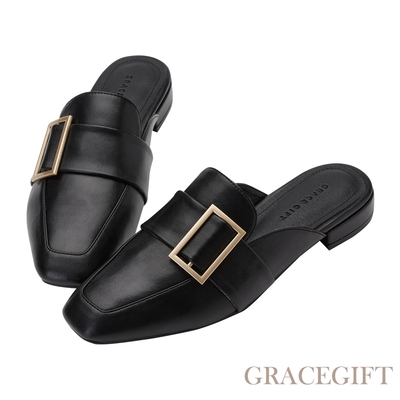 【Grace Gift】質感方釦低跟穆勒鞋 黑