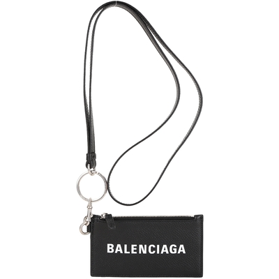 BALENCIAGA 字母印花荔紋牛皮掛繩卡片夾/零錢包(黑色)