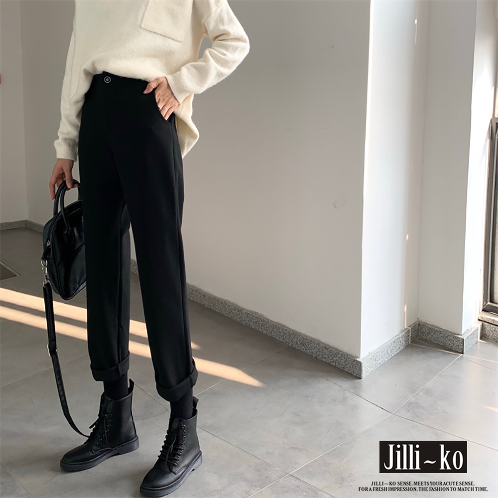 JILLI-KO 時尚高腰九分毛呢蘿蔔褲- 黑色