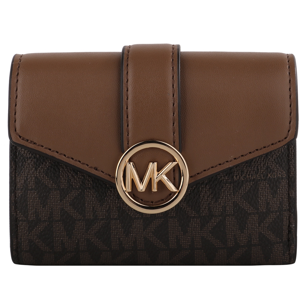 MICHAEL KORS 大圓金MK滿版拼接皮革翻釦短夾(深咖X駝)