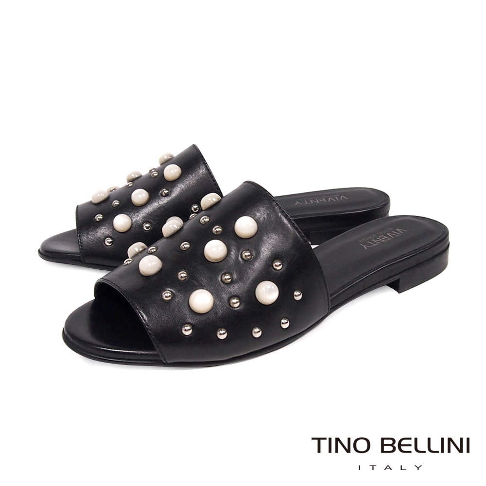 Tino Bellini 義大利進口珍珠MIX鉚釘真皮涼拖鞋 _ 黑