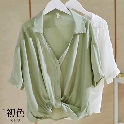 【絕版品出清】初色 韓版設計感寬鬆顯瘦V領襯衫-共3色-61463 (M-2XL可選)