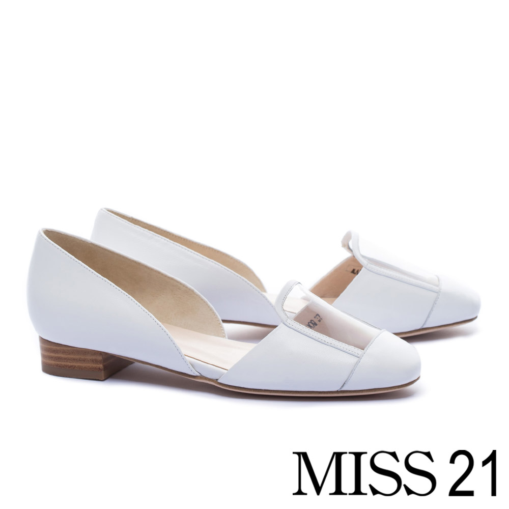 低跟鞋 MISS 21 時髦視覺真皮拼接設計低跟鞋－白