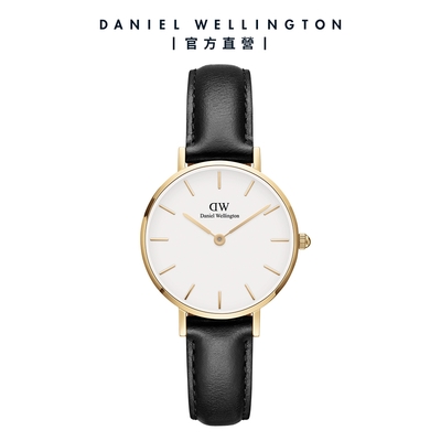 Daniel Wellington DW 手錶 Petite Sheffield 28mm爵士黑真皮皮革錶-白錶盤-香檳金框 DW00100551