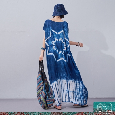潘克拉 藍染星星圖紋雙面夏季縲縈連衣裙- 藍色