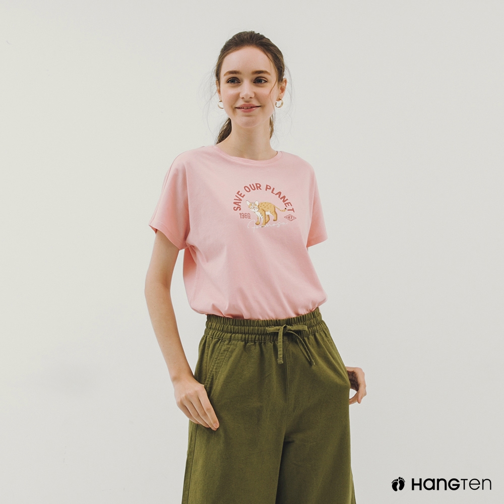 Hang Ten-女裝-BCI純棉保育動物印花短袖T恤-淺粉