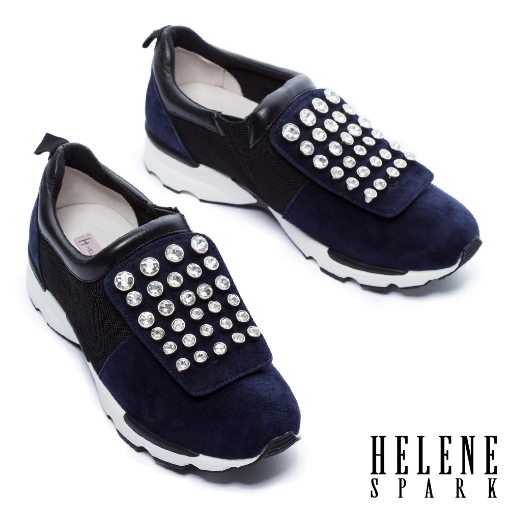 休閒鞋 HELENE SPARK 摩登時尚白鑽設計異材質拼接厚底休閒鞋－藍