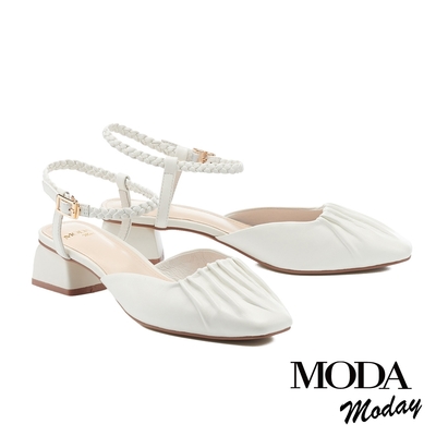 高跟鞋 MODA MODAY 柔軟抓皺羊皮踝繫帶方頭高跟鞋－米