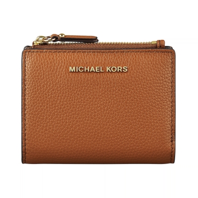 MICHAEL KORS JET SET 金字LOGO 荔枝紋牛皮8卡釦式短夾(棕)