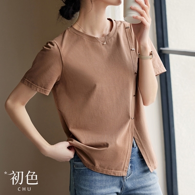 初色 純色下擺開叉不規則拼接圓領短袖T恤上衣女上衣-咖啡色-33953(M-2XL可選)