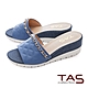 TAS金屬鍊拼接菱格羊皮壓紋楔型拖鞋-深海藍 product thumbnail 1