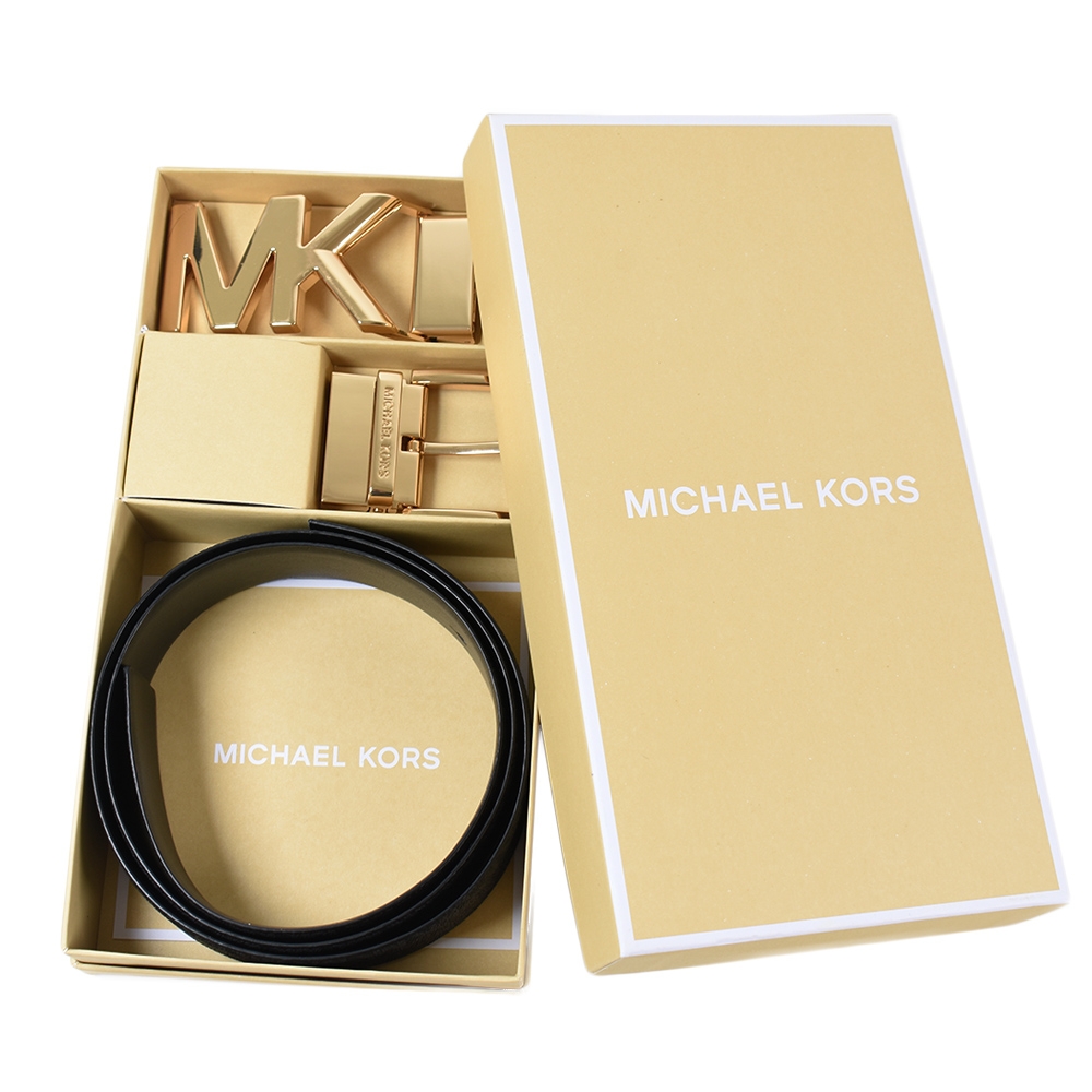 MICHAEL KORS 女款 緹花LOGO雙釦頭雙面用皮帶禮盒組-黑色-M