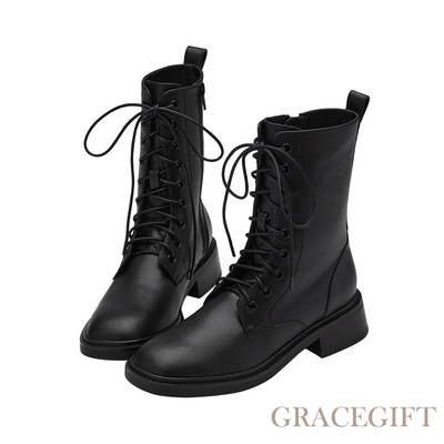 【Grace Gift】俐落感帥氣方頭綁帶靴 黑