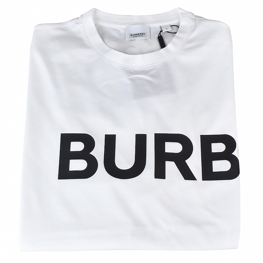BURBERRY HORSEFERRY字母LOGO印花設計棉質寬鬆短袖T恤(男裝/白x黑字)