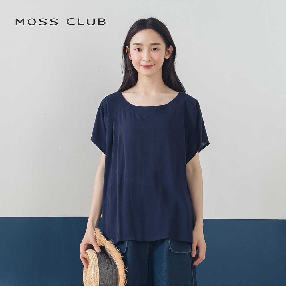 【MOSS CLUB】日系棉麻舒適-女短袖襯衫(深藍/版型適中)