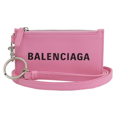 BALENCIAGA 簡約英字LOGO小牛皮頸掛式卡片零錢包(粉-全新福利品)