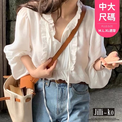 JILLI-KO V領綁帶木耳邊設計泡泡袖寬鬆襯衫中大碼- 白色