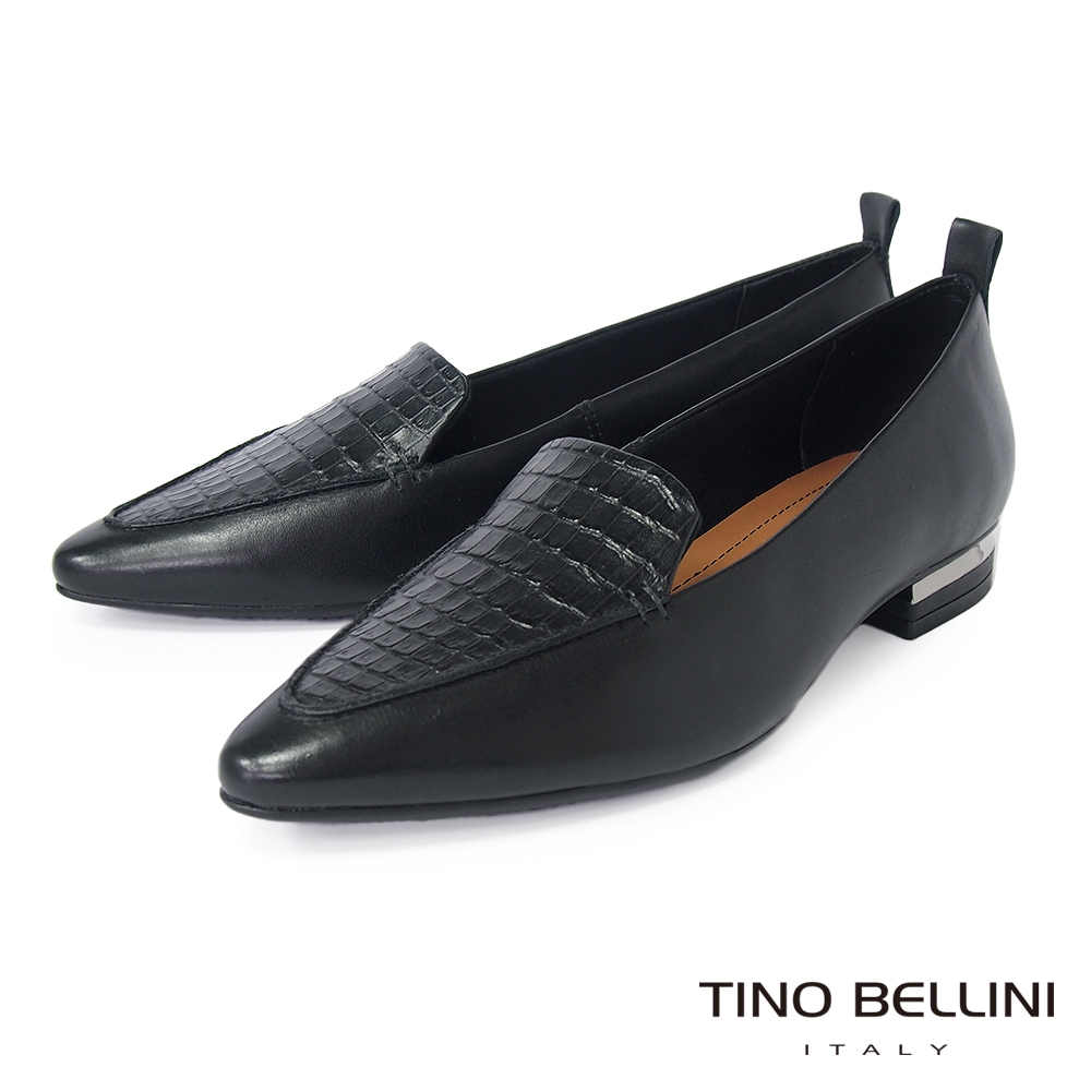 Tino Bellini 巴西進口鱷魚紋拼接牛皮尖楦樂福鞋-黑