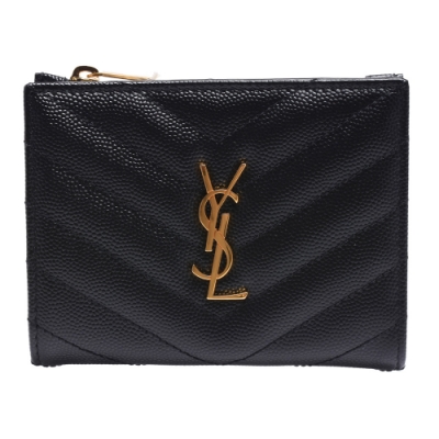 YSL MONOGRAM系列V字縫線小牛皮金色金屬LOGO暗釦短夾(黑)