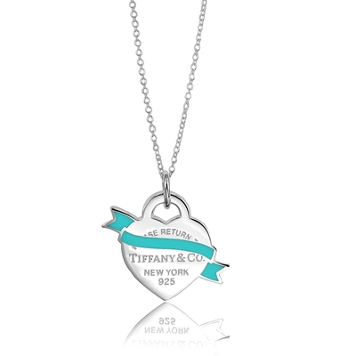 Tiffany&Co.藍色琺瑯緞帶愛心925純銀項鍊