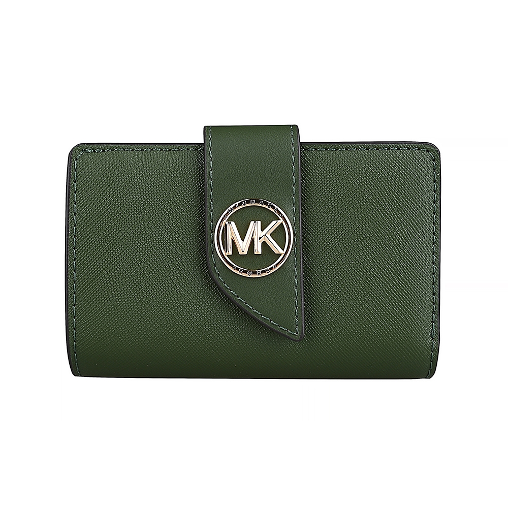 MICHAEL KORS Greenwich金色金屬圓標LOGO防刮牛皮扣式中夾(叢林綠)