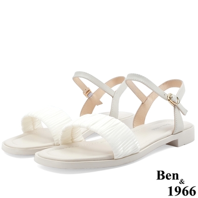 Ben&1966高級頭層牛皮流行皺褶平底涼鞋-米白(226232)