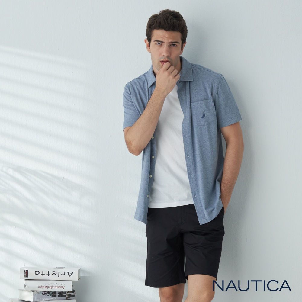 Nautica 男裝 素面彈性棉短袖襯衫-藍色