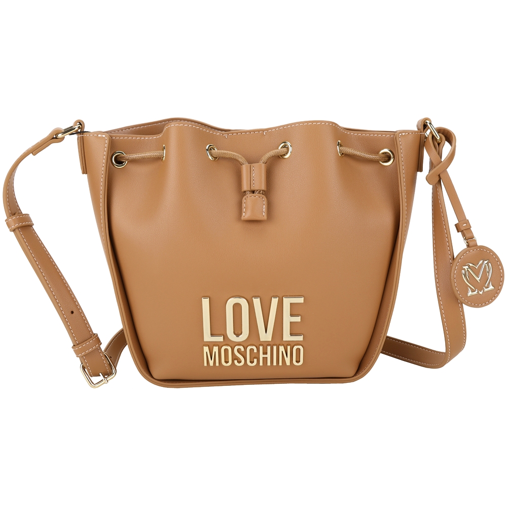 LOVE MOSCHINO 金屬字母皮革束口斜背水桶包(棕色)