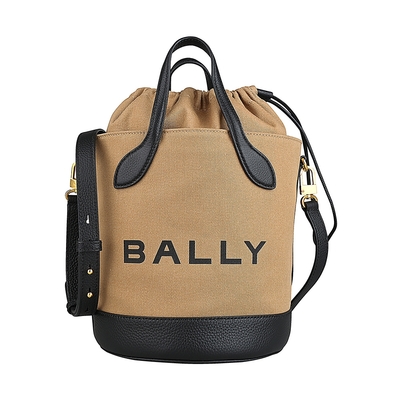 BALLY BAR印花LOGO帆布拼接皮革束口手提斜背包(沙黃x黑)